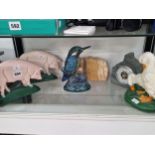 BIRD AND PIG DOORSTOPS, AN ANEROID BAROMETER IN A GREY ROCK CASE AND A PAIR OF TUFA BOOKENDS