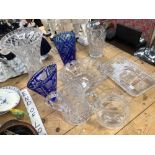 BLUE AND CLEAR CUT GLASS VASES, JUGS AND BOWLS