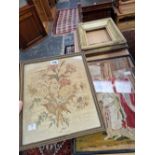 AN 18th C. SILK WORK OF A BUNCH OF FLOWERS, A PICTURE FRAME AND A BERLIN WOOL WORK PICTURE OF FOUR