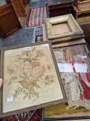 AN 18th C. SILK WORK OF A BUNCH OF FLOWERS, A PICTURE FRAME AND A BERLIN WOOL WORK PICTURE OF FOUR
