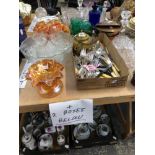 A CARNIVAL GLASS PUNCH BOWL AND GLASSES, TWO OTHERS, ELECTROPLATE CUTLERY, A JAPANESE EGGSHELL TEA