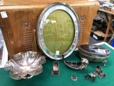 A SILVER AND TORTOISESHELL JEWELLERY BOX, A SILVER PICTURE FRAME, A SMALL SILVER BOAT, CORONATION