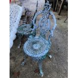 A SET OF FOUR PAINTED CAST ALLOY PATIO CHAIRS.