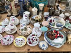 SPECIMEN TEA CUPS AND SAUCERS, PLATES, FIGURES AND A SMALL QUANTITY OF ELECTROPLATE