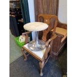 AN OAK ARMCHAIR AND A RETRO STOOL.