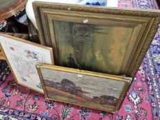 TWO FRAMED PRINTS, A PICTURE FRAME AND A FRAMED MAP OF DERBYSHIRE