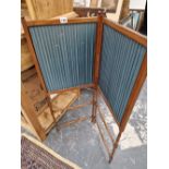 A MAHOGANY AND PLEATED DARK GREEN SILK TWO FOLD FIRE SCREEN