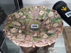 A STUDIO POTTERY BASKET WORK PLATE APPLIED WIT STRAWBERRY FLOWERS AND FRUIT