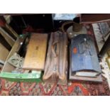 A CUTLERY CANTEEN, AN OAK CASED CARVING SET, A GLADSTONE BAG, A BRASS TRIVET AND JUG, A METAL TOOL