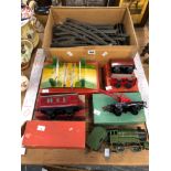 A HORNBY 0 GUAGE CLOCK WORK LOCOMOTIVE, TENDER, ROLLING STOCK, RAIL AND A LEVEL CROSSING