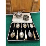 A SET OF SIX HALLMARKED SILVER TEA SPOONS, A MUSTARD AND A NAPKIN RING.