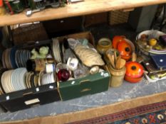 DINNER PLATES, LE CREUSET COOKING VESSELS, CUTLERY AND STONE WARE STORAGE JARS
