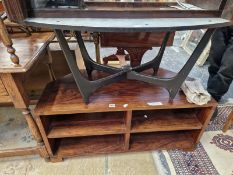 A HARDWOOD TV STAND. 45 X 98 X 45CMS., AND A RETRO COFFEE TABLE.