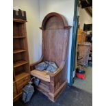 A PAIR OF IMPRESSIVE ANTIQUE OAK THRONE CHAIRS.