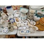 A COLLECTION OF CERAMIC JUGS, A RUMTOPF JAR, ENAMEL BREAD BIN, ETC.