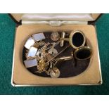 A PAIR OF 9ct GOLD CUFFLINKS, A 9ct GOLD FIGARO CHAIN,  AND A GOLD AND PEARL STICK PIN ETC.