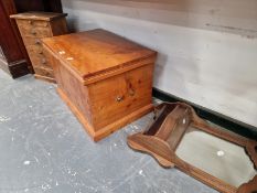 AN ANTIQUE PINE MINIATURE SIX DRAWER CHEST, A PINE SMALL BLANKET BOX AND A HALL MIRROR.