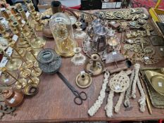 BRASS CANDLESTICKS, HORSE BRASSES, ELECTROPLATE TEA AND COFFEE WARES, AN ANEROID BAROMETER AND A