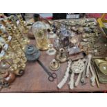 BRASS CANDLESTICKS, HORSE BRASSES, ELECTROPLATE TEA AND COFFEE WARES, AN ANEROID BAROMETER AND A