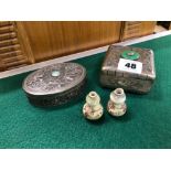 TWO ORIENTAL WHITE METAL BOXES,TOGETHER WITH A MINIATURE JAPANESE VASES.