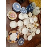 SPECIMEN CUPS AND SAUCERS, BLUE JASPER WARES AND A MOORCROFT FLORAL BOWL