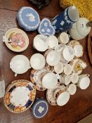 SPECIMEN CUPS AND SAUCERS, BLUE JASPER WARES AND A MOORCROFT FLORAL BOWL