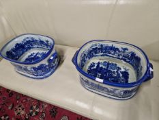 TWO BLUE AND WHITE PORCELAIN FOOT BATHS