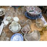 AN ORIENTAL BLUE AND WHITE DISH, GLASS JELLY MOULDS, DRINKING GLASS, WEDGWOOD TEA CUPS, ETC.