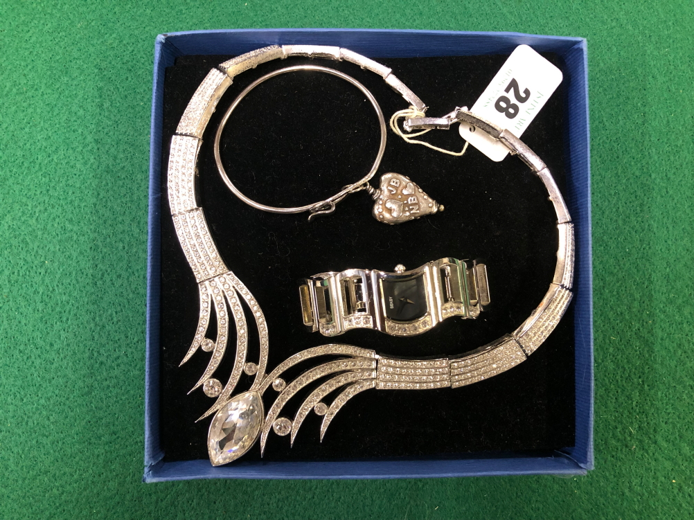 AN ITALIAN NOEMI CRYSTAL NECKLACE, A SILVER BRACELET AND HEART TAG, AND A...