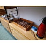 STEEL CUTLERY AND BOWLS, A SODA SIPHON AND A PYRAMIDAL CASED CLOCK