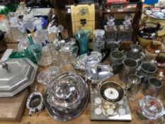 ELECTROPLATE TEA AND COFFEE WARES, PEWTER, DECANTERS, OTHER GLASSWARE TOGETHER WITH BROWN