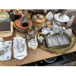 AYNSLEY FLORAL WARES, TEA AND COFFEE CUPS, A BENARES BRASS TWO HANDLED TRAY, TWO BOOKS, ETC.