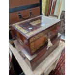 A BRASS INLAID ROSEWOOD WRITING SLOPE TOGETHER WITH AN INDIAN HARDWOOD COMPARTMENTALISED TRINKET