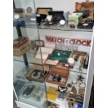 A SELECTION OF WATCH MAKERS TOOLS, ESCAPEMENT JEWELS, MAIN SPRINGS, SPIRIT LEVELS, POCKET WATCHES,