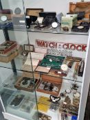 A SELECTION OF WATCH MAKERS TOOLS, ESCAPEMENT JEWELS, MAIN SPRINGS, SPIRIT LEVELS, POCKET WATCHES,