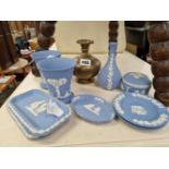 WEDGWOOD BLUE JASPER WARES TOGETHER WITH AN INDIAN BRASS BOTTLE
