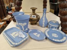 WEDGWOOD BLUE JASPER WARES TOGETHER WITH AN INDIAN BRASS BOTTLE