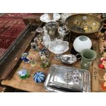 AN ELECTROPLATE VEGETABLE TUREEN, COASTER, SAUCE BOAT TOGETHER WITH GLASS PAPERWEIGHTS AND