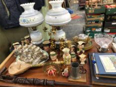 A PAIR OF OIL LAMPS, VARIOUS CHARACTER AND TOBY JUGS, ELECTROPLATE AND PHOTOGRAPH ALBUMS
