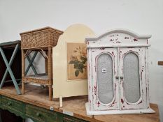 A PAINTED GLAZED CABINET, A SEWING TABLE, A FIRE SCREEN AND A TRAY TABLE.