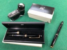 A MONTBLANC PEN AND TWO INKS, TOGETHER WITH A PARKER DUOFOLD PEN WITH A 14ct GOLD NIB.