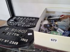 TWO 1950S PAINTED IRON RAILWAY PLATES TOGETHER WITH A COLLECTION OF KEY TABS WITH CAR INSIGNIAS