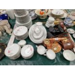 A NORITAKE PINK ROSE DECORATED BREAKFAST SET, CAMERAS, BRASS SKIMMERS AND A TELEPHONE.