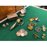 A HALLMARKED SILVER MATCHBOX COVER, A HALF HUNTER POCKET WATCH, MILITARY BADGES ETC.