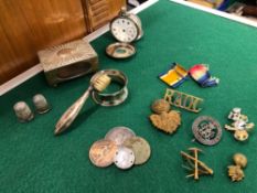 A HALLMARKED SILVER MATCHBOX COVER, A HALF HUNTER POCKET WATCH, MILITARY BADGES ETC.