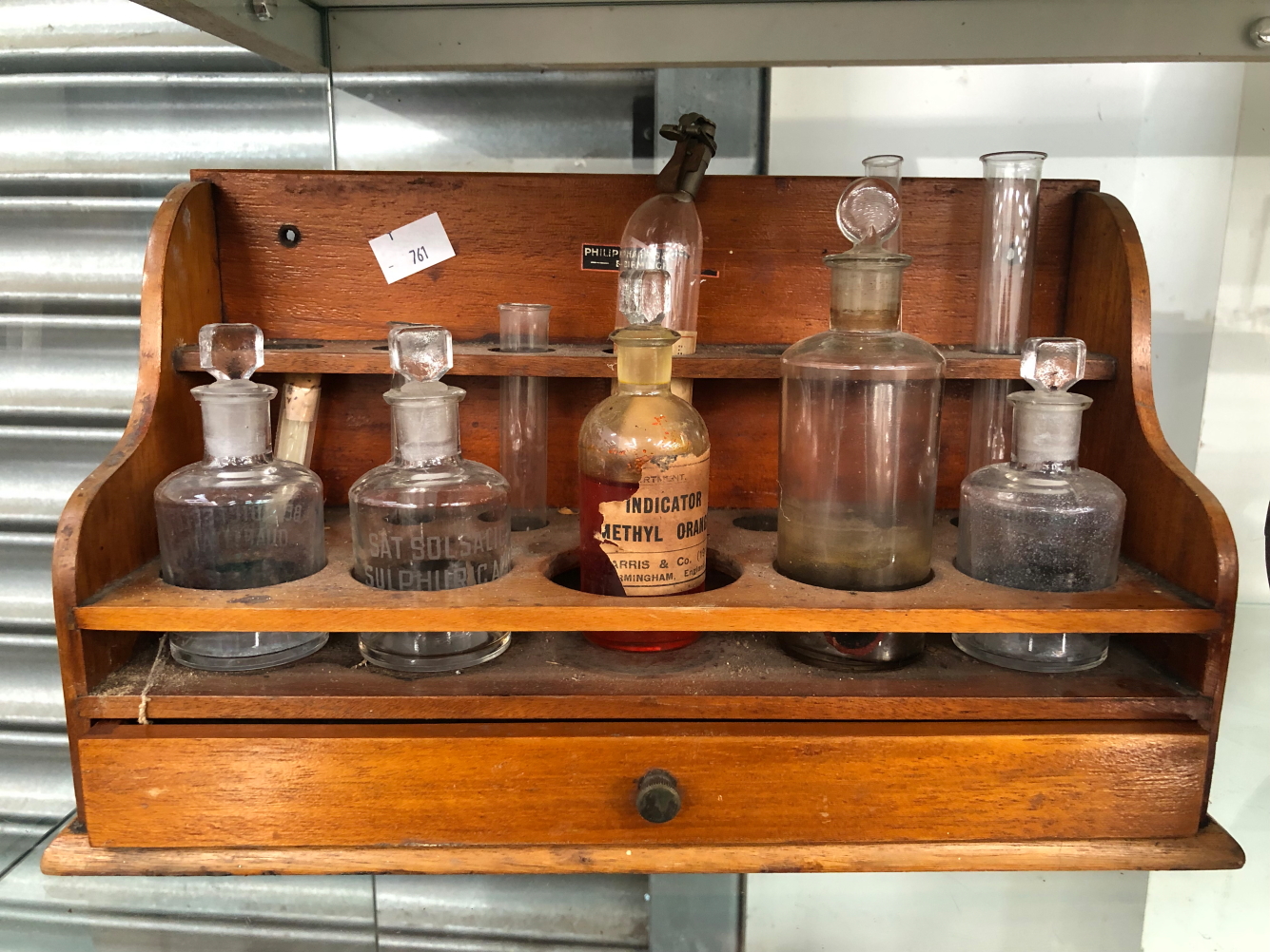 A COLLECTION OF CHEMISTRY BOTTLES IN TWO WOOD STANDS TOGETHER WITH A MAHOGANY TEA CADDY - Image 5 of 6