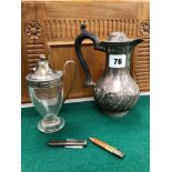 A SMALL SILVER COFFEE POT, A GEORGIAN SILVER MOUNTED GLASS MUSTARD, AND A SILVER CASED PENCIL.
