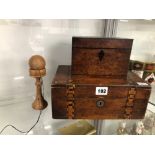 A YEW WOOD TWO COMPARTMENT TEA CADDY, A TONBRIDGE WARE BOX AND A WOODEN BILBOQUET