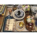 A DOULTON TRAY, DECORATIVE PLATES, TWO PORCELAIN FLOWER ARRANGEMENTS AND A MAORI WOODEN TRAY