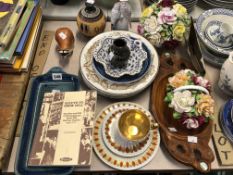 A DOULTON TRAY, DECORATIVE PLATES, TWO PORCELAIN FLOWER ARRANGEMENTS AND A MAORI WOODEN TRAY